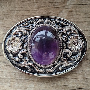 Boho Western Cowboys Belt Buckle - Giant Purple Cyrstal Amethyst Mens Belt Buckle - Silver Flower Buckles - Christmas Fathers Day Gifts Idea