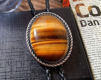 Tiger-Eye Stone Bola BOLO Tie Wedding Necklace for Men or Women Groomsmen Bridegroom - Western Cowboy Necktie