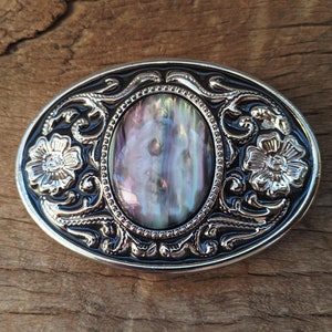 Boho Western Cowboys Belt Buckle - Pearl Shell Mens Belt Buckle - Silver Flower Buckles - Christmas Fathers Day Gifts