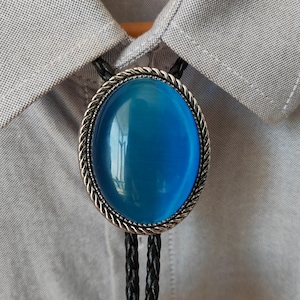 Blue Cat-eye Jade Stone Bola BOLO Tie Wedding Necklace for Men Women Groomsmen Bridegroom - Western Cowboy Necktie