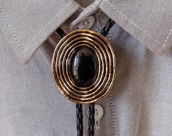 Black Onyx Golden Vortex Bolo Tie – Western Cowboy Necktie Gift for Him Her