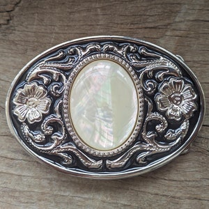 Boho Western Cowboys Belt Buckle - Mother of Pearl Mens Belt Buckle - Rose-gold Flower Buckles - Christmas Fathers Day Gifts Idea