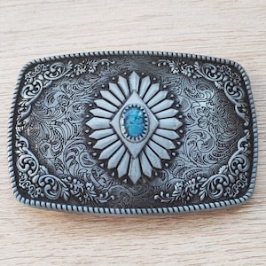 Boho Western Cowboys Buckle - Flower Blue Stone Mens Belt Buckle - Turquoise Flower Buckles - Christmas Fathers Day Gifts Idea BS021