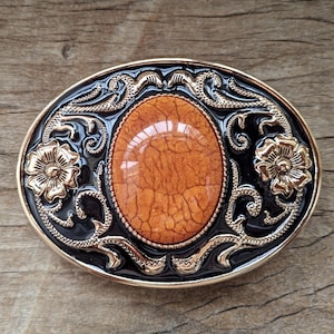 Boho Western Cowboys Belt Buckle - Orange Coral Mens Belt Buckle - Rose-gold Flower Buckles - Christmas Fathers Day Gifts Idea