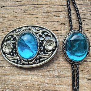Blue Transparent Acrylic Stone Mens Bola Bolo Tie Necklace Wedding Bow Necktie + Flower Blue Acrylic Stone Belt Buckle Combo