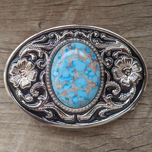 Boho Western Cowboys Belt Buckle - Blue Turquoise Mens Belt Buckle - Silver Flower Buckles - Christmas Fathers Day Gifts Idea