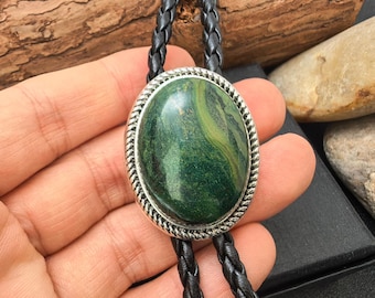 Green Jade Bolo Tie – Western Cowboy Wedding Bolo Necklace Gift for Him Her