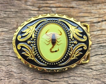 Luminous Scorpion Inlay Boho Leaves Western Belt Buckle – Gold & Silver Finish Cowboy Gift for Him
