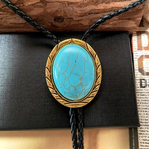 Cravate Bola BOLO turquoise base dorée - Collier mariage pour homme femme garçons d&#39;honneur marié - Cravate cowboy western