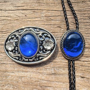 Dark Blue Acrylic Mens Bola Bolo Tie Necklace Wedding Bow Necktie + Flower Dark Blue Acrylic Belt Buckle Combo