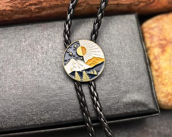 Sun Moon Mountain Bolo Tie – Western Cowboy Faux Leather Necktie Gift for Him Her