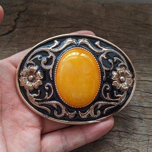 Yellow Jade Rose-Gold Flower Boho Western Belt Buckle – Cowboy Gift for Him