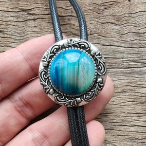 Blue Water Stripe Agate Bola BOLO Tie for Men or Women Groomsmen Bridegroom Wedding Necklace Cowboy Necktie