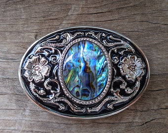 Abalone Shell Boho Western Belt Buckle – Cowboy Style Zinc Alloy Gift for Him