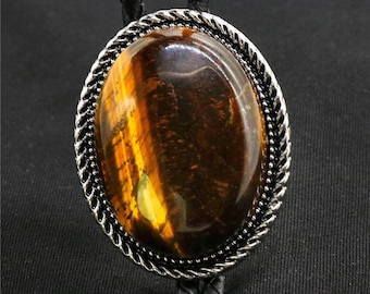 NEW LARGE TIGERS EYE STONE  BOLO BOOTLACE TIE  LEATHER CORD SILVER METAL WESTERN 