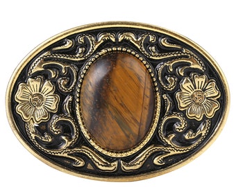 Western Silver Plated Cowboy Belt Buckle With Tiger Eye Stone