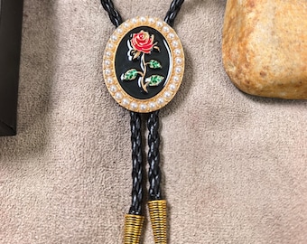 Rose Bolo Tie Necklace, Zinc Alloy Pendant Faux Leather Cord, Western Cowboy Adjustable Necktie Gift for Men Women