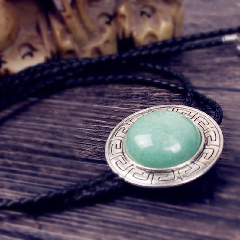Western Cowboy Burmese Jade Mens Women Groomsmen Bridegroom Leather BOLO Tie Wedding Necklace