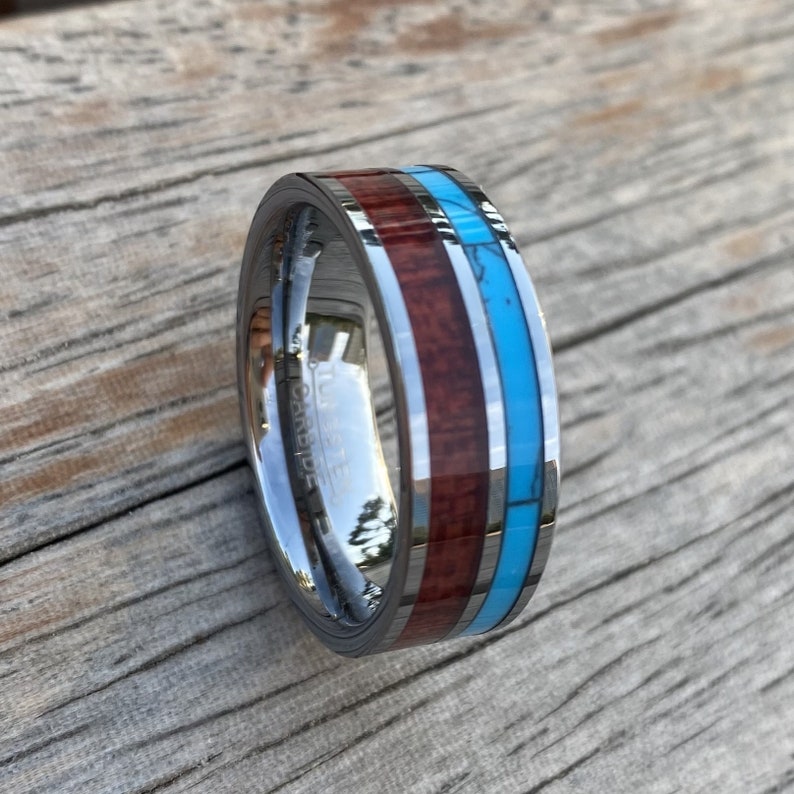 8MM Mens Tungsten Carbide Ring Turquoise / Wood Wedding Etsy