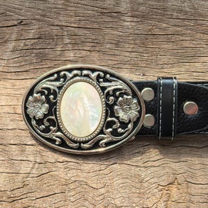 Mother of Pearl Silver Flower Boho Western Belt Buckle – Cowboy Gift for Him image 6