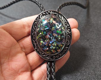 Opal Bolo Tie Necklace with Faux Leather Cord – Western Cowboy Wedding Necktie Gift for Groomsmen Him Her, Adjustable Length Pendant