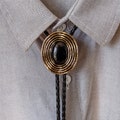 Black Onyx Golden Vortex Bolo Tie Necklace – Western Cowboy Faux Leather Cord Pendant, Groomsmen Wedding Gift for Him Her