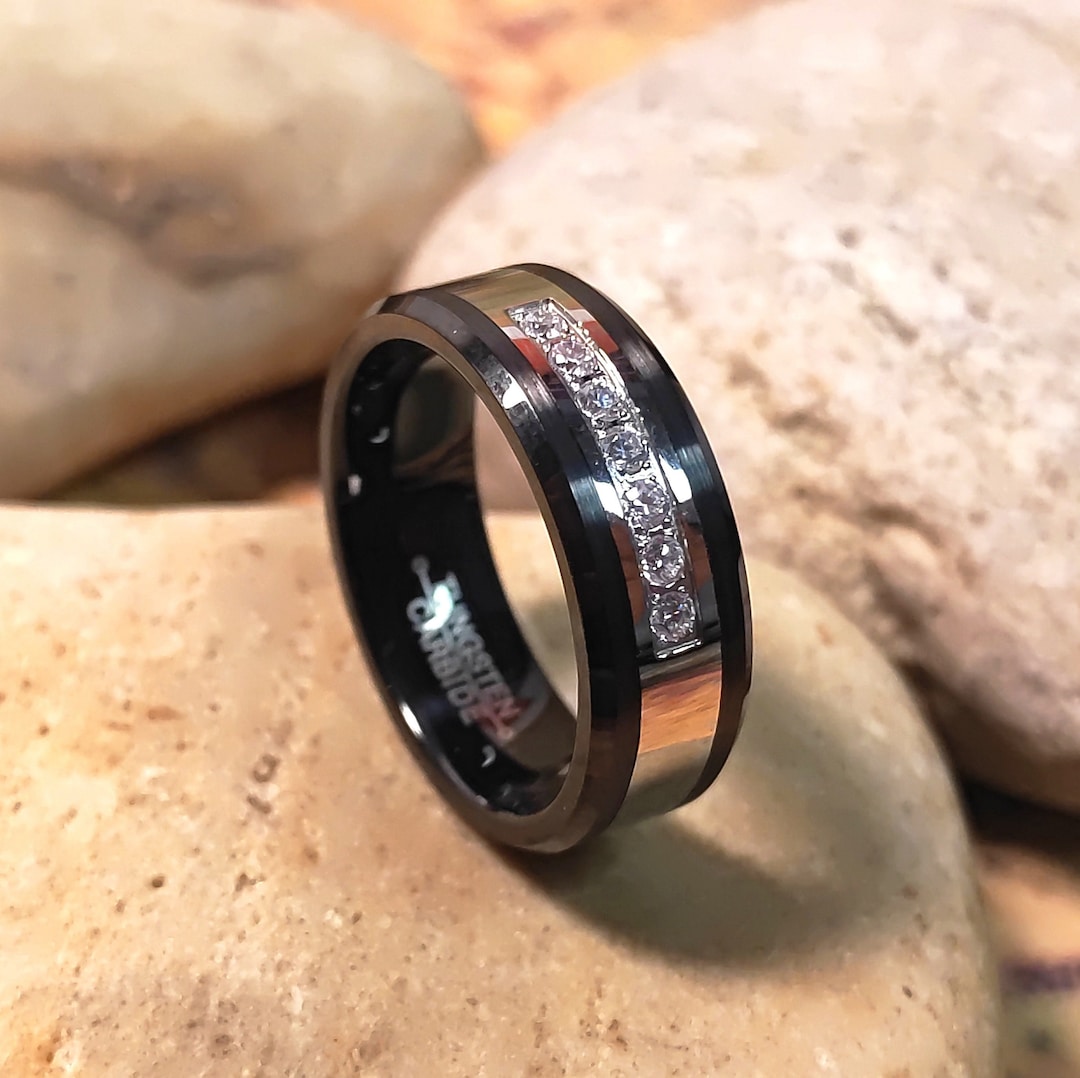 8MM Black Mens Tungsten Carbide Ring AAA Zircon Wedding - Etsy