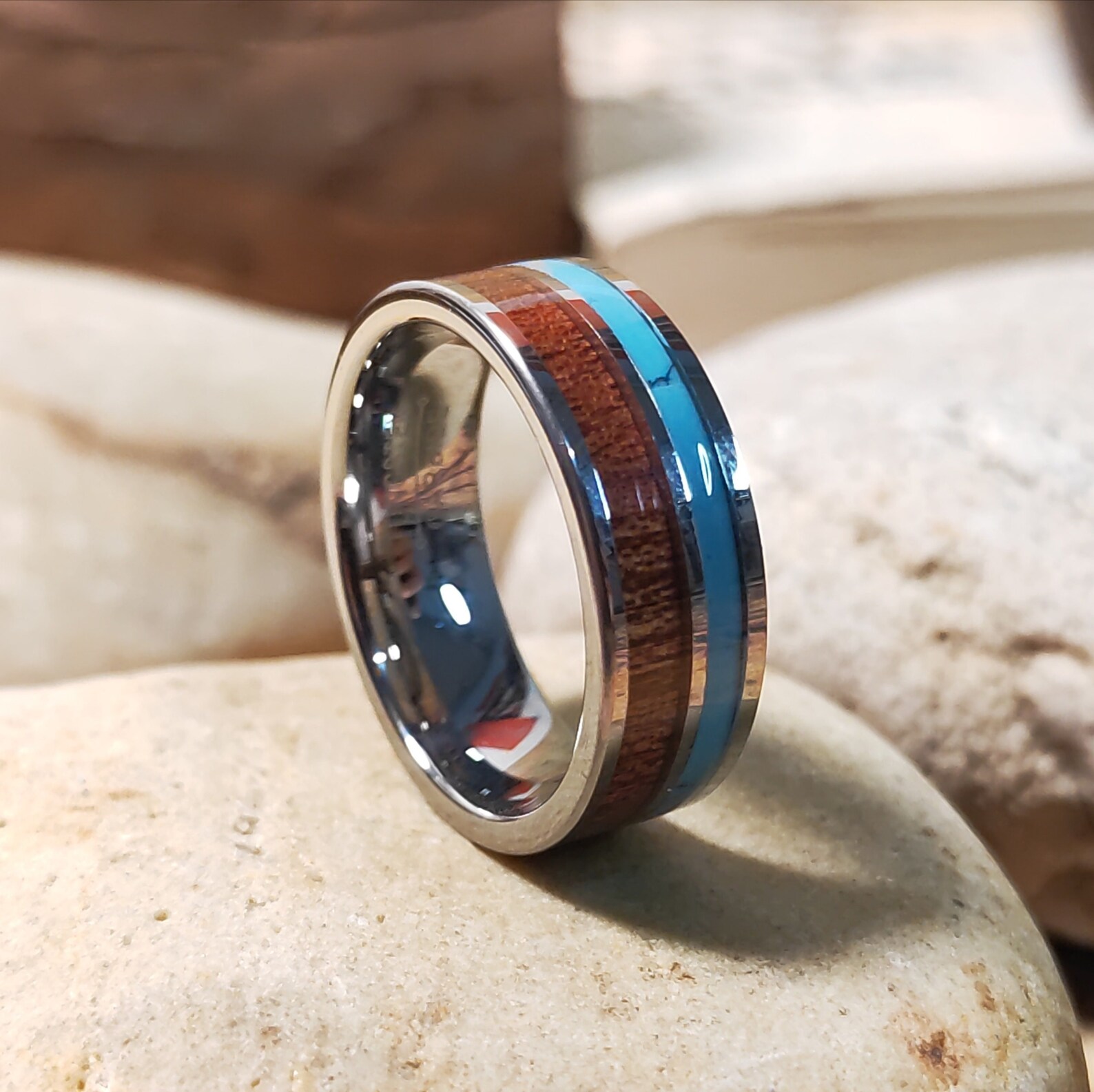 8MM Mens Tungsten Carbide Ring Turquoise / Wood Wedding Etsy