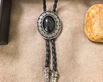 Flower Lace Black Acrylic Bolo Tie – Faux Leather Cord Wedding Necklace Necktie Gift for Him Her Groomsman