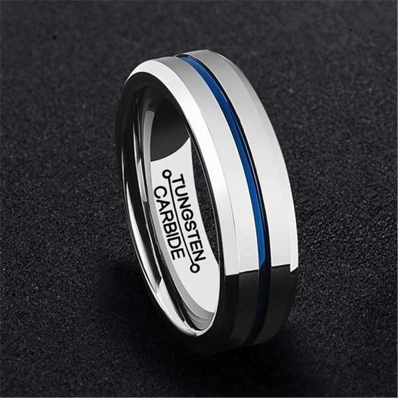 6MM Mens Tungsten Carbide Ring - Thin Blue Line - Wedding Band