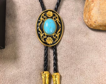 Turquoise Bolo Bola Tie – Gold Plated Flower  Western Cowboy Wedding Necklace Necktie Gift for Him Her Groomsmen