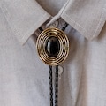 Golden Vortex Black Onyx Mens Bola BOLO Tie - Necklace Wedding for Men Women Groomsmen Bridegroom - Western Cowboy Necktie