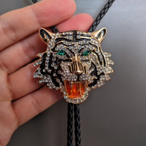 Golden Diamond Tiger Head Bola BOLO Tie - Wedding Necklace for Men Groomsmen Bridegroom - Western Cowboy Necktie
