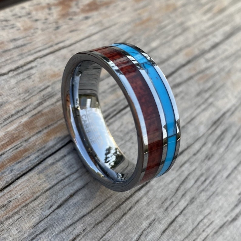 8MM Mens Tungsten Carbide Ring Turquoise / Wood Wedding Etsy