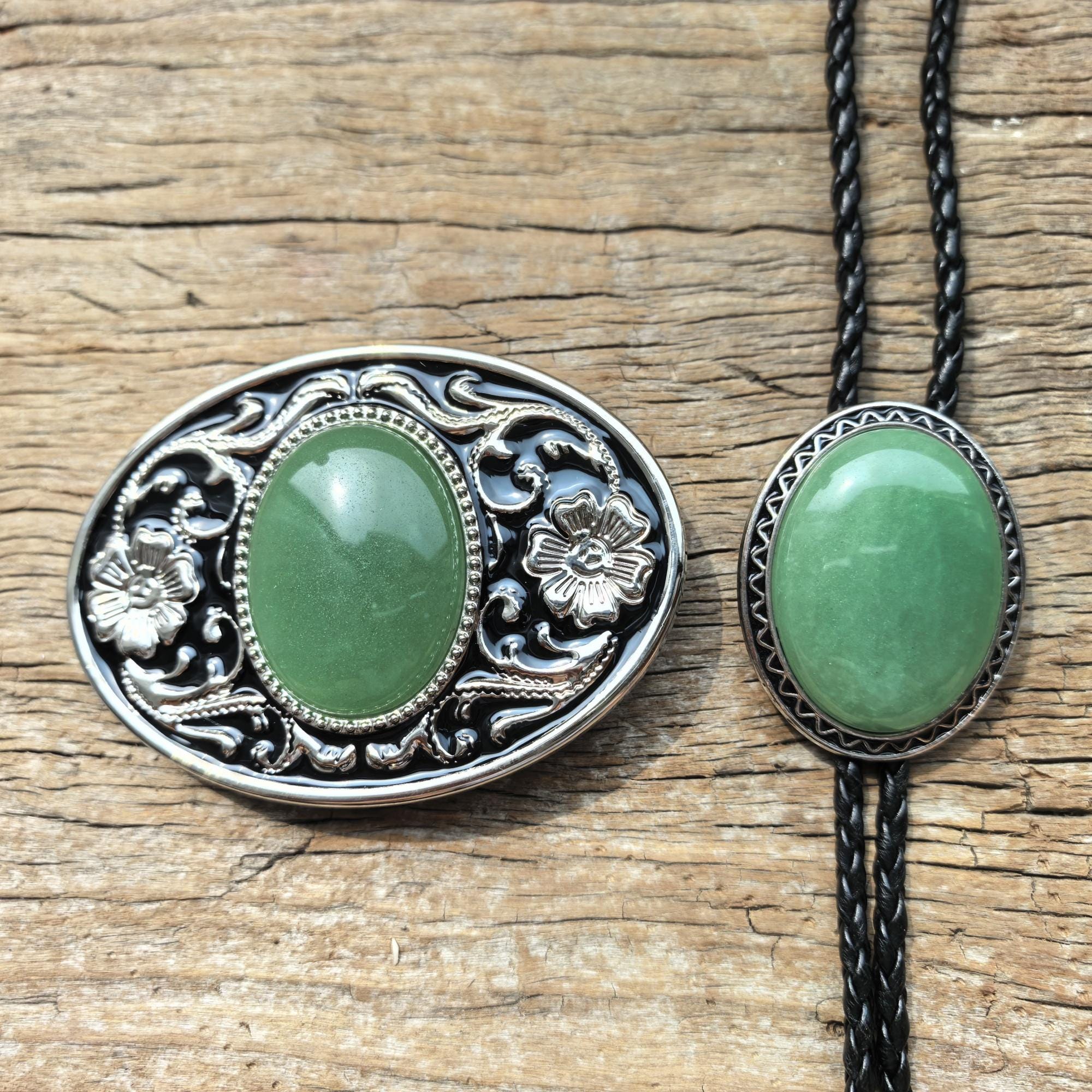 Green Jade Bolo Tie Necklace & Belt Buckle Set - Western 