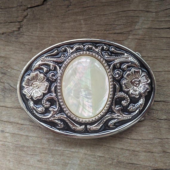 Mother of Pearl Silver Flower Boho Western Belt Buckle – Cowboy Gift for Him