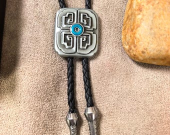 Retro Square Pattern Bolo Tie with Blue Circle, Classic Western Necktie Leather Cord Accessory