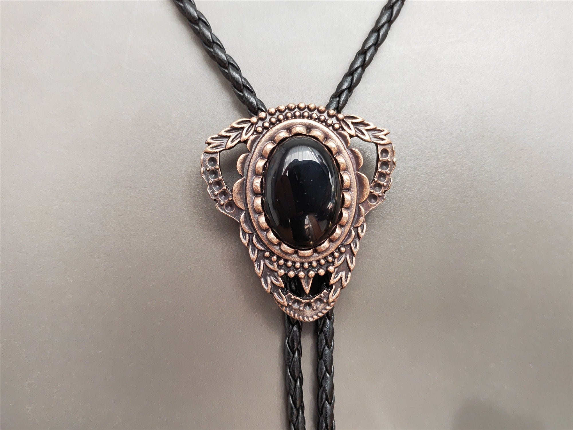 Rose Gold Black Agate Bolo Tie - Western Cowboy Necktie Gift for Him Her