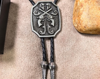 Crossed Pistols Bolo Tie, Antique Silver Tone Gun Pendant Faux Leather Cord, Western Cowboy Gift for Him Her