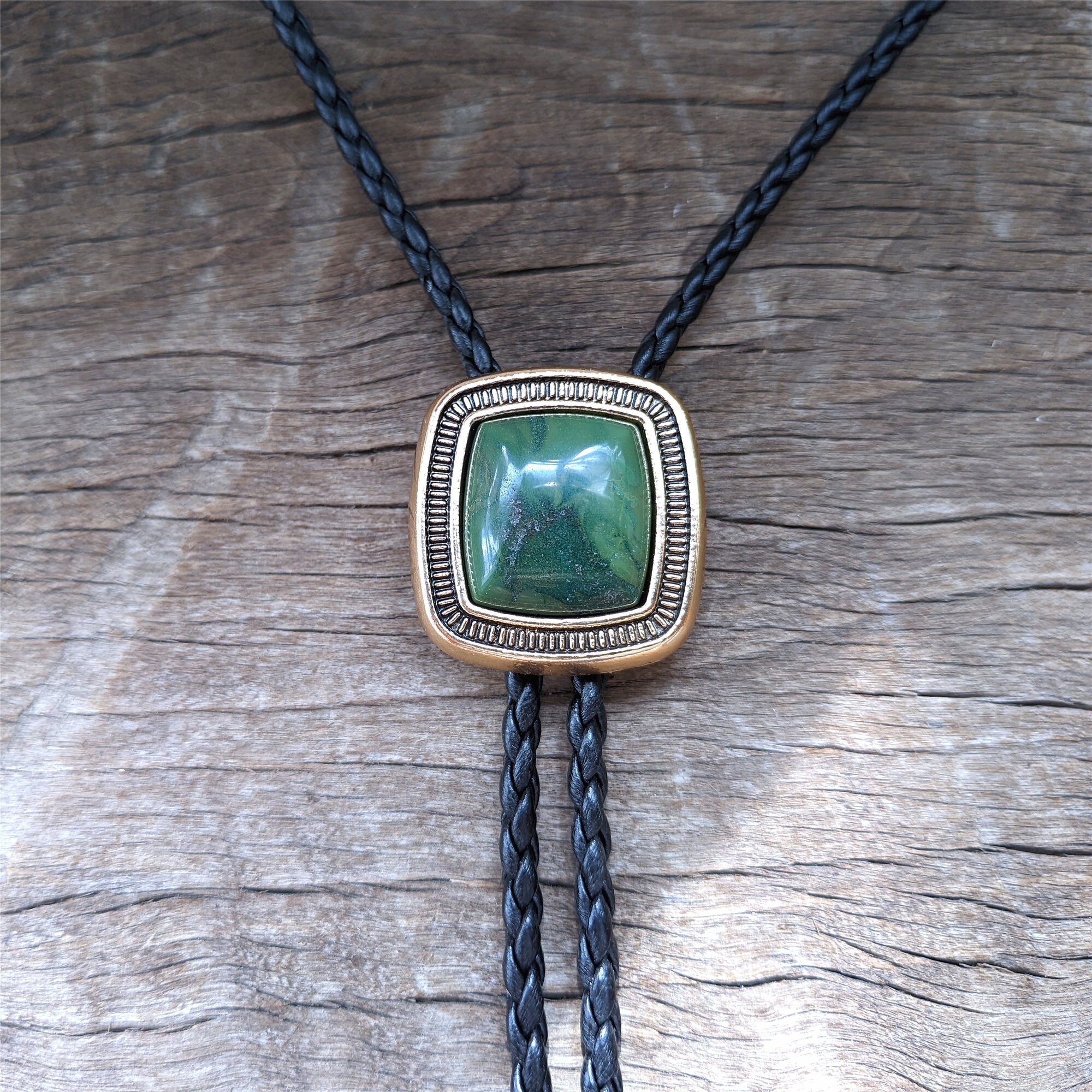 Natural Jade Bola BOLO Tie - Genuine Leather Wedding Necklace for Men Groomsmen Bridegroom - Western Cowboy Necktie