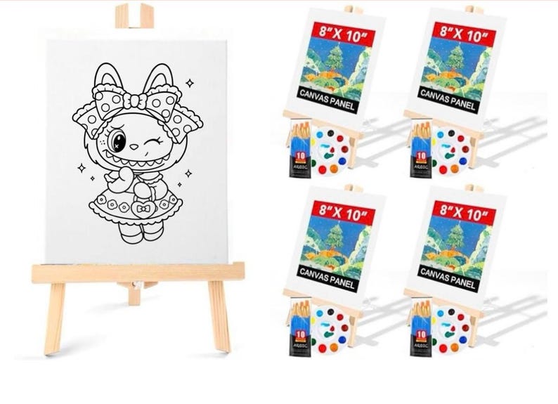 May include: A white canvas panel on a wooden easel featuring a black and white cartoon character. Four additional sets include canvas panels, paint palettes, and paintbrushes. Each canvas panel is labeled "8" X 10"" and "CANVAS PANEL".