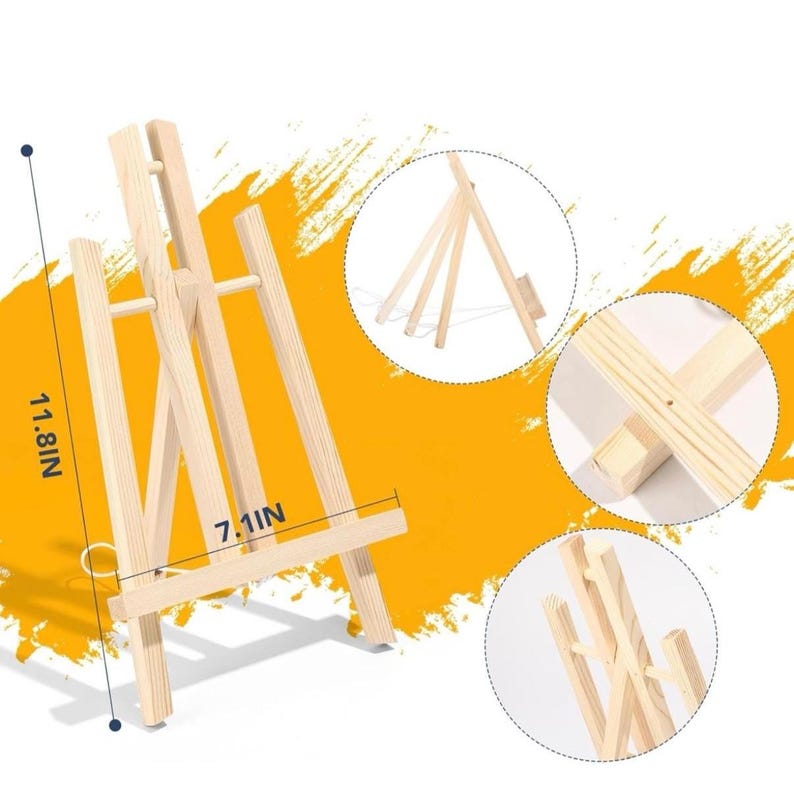 May include: A small, natural wood easel, 11.8 inches tall and 7.1 inches wide, designed to hold artwork. The easel has a three-legged design for stability and a horizontal support bar. Ideal for displaying paintings, photos, or other artwork.