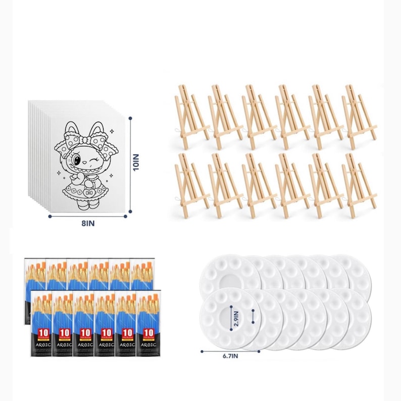 May include: A collection of art supplies including a stack of 8 x 10 inch coloring pages, small wooden easels, paint brushes, and white plastic paint palettes. The palettes measure 6.7 x 2.9 inches.