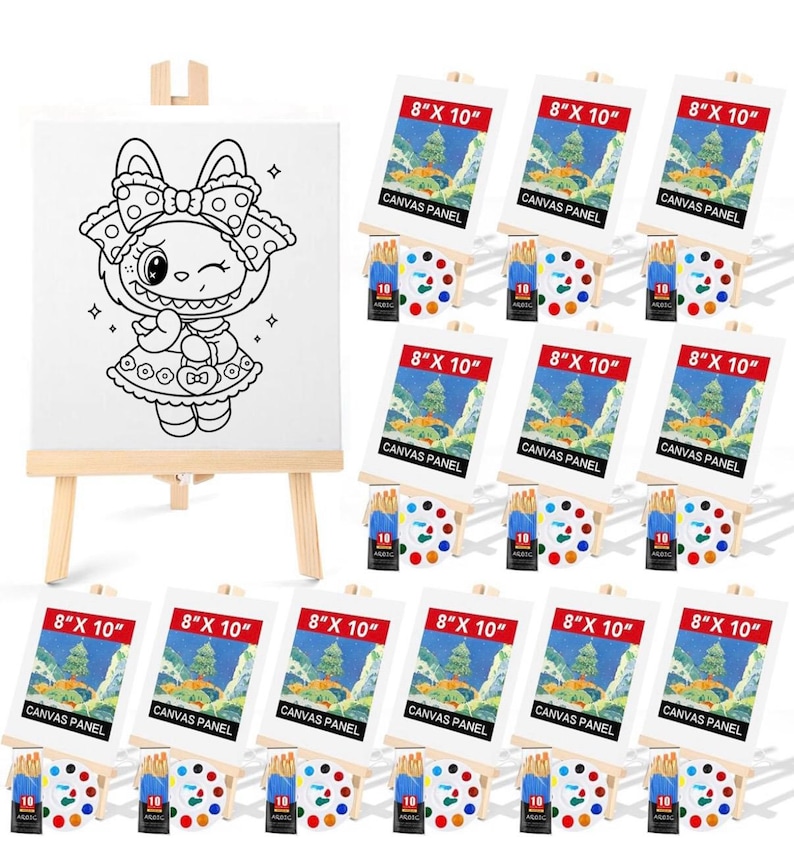 May include: A set of art supplies includes a blank canvas on a wooden easel, multiple 8" x 10" canvas panels, paint palettes, and paint tubes. The canvas features a black and white cartoon bunny design.
