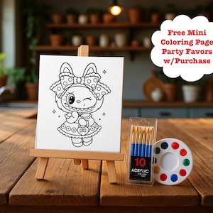 May include: A black and white drawing of a bunny character on a small easel, with a set of acrylic paint brushes and a paint palette. The drawing is winking and wearing a bow. The text in the image says "Free Mini Coloring Page Party Favors w/Purchase."