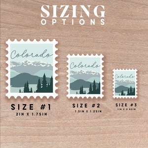 May include: Three postage stamp-style stickers with a Colorado landscape design. The stickers are in three sizes: 2in x 1.75in, 1.5in x 1.25in, and 1in x 0.85in. The design features mountains, trees, and the word "Colorado".