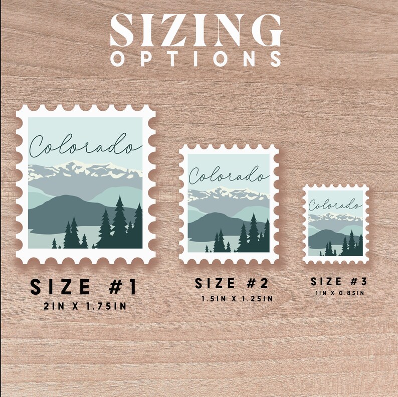 May include: Three postage stamp-style stickers with a Colorado landscape design. The stickers are in three sizes: 2in x 1.75in, 1.5in x 1.25in, and 1in x 0.85in. The design features mountains, trees, and the word "Colorado".