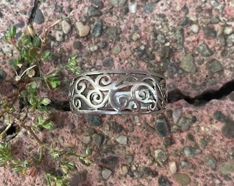80s 90s VINTAGE NF 925 sterling silver ring all metal band cut out curls spiral swirl waves patina boho Medieval Thailand 3/8&quot; 7 7.25 N O
