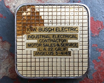 VINTAGE BARLOW K.W. Busch Electric tape measure measuring tape metal small pocket business advertising distressed industrial mid century USA
