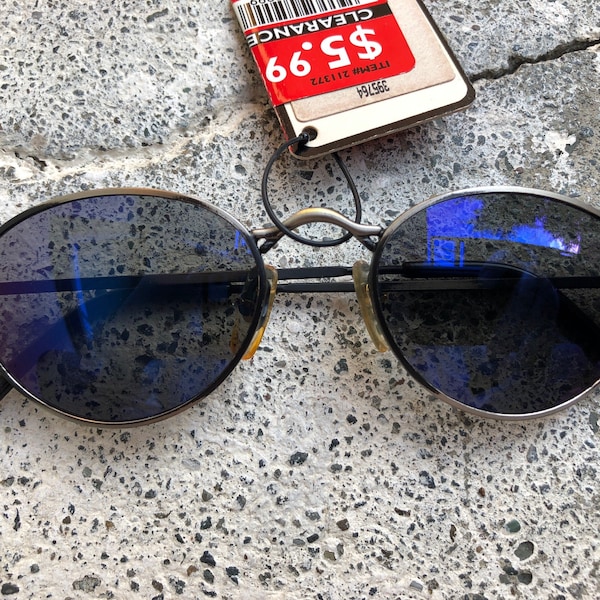 90s NEW NWT NOS Vintage sunglasses distressed black & silver tone metal frames reflective blue tinted lenses oval cyber steampunk tribal